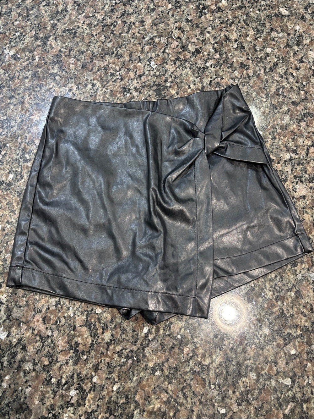 Black Faux Leather Wrap Mini Skort with Side Knot